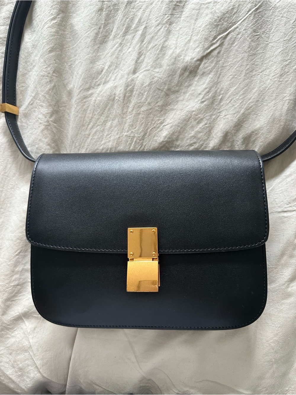 Classic Black 100% Leather Crossbody Bag with Gold Hardware